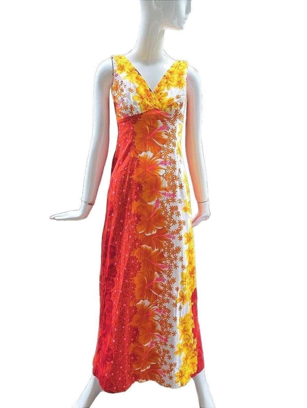 VTG 1970s Hawaiian Togs Barkcloth Maxi Dress With Watteau Train Size  XS